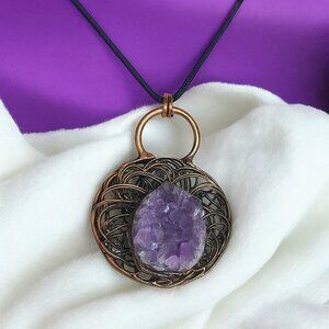 🆕 Boho Chic Copper Wire Wrapped Amethyst Crystal Artisan Pendant Necklace 🌿✨